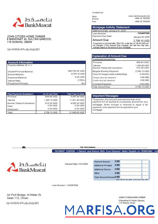 Realistic Omani Bank Muscat mortgage statement in Word and PDF formats real example